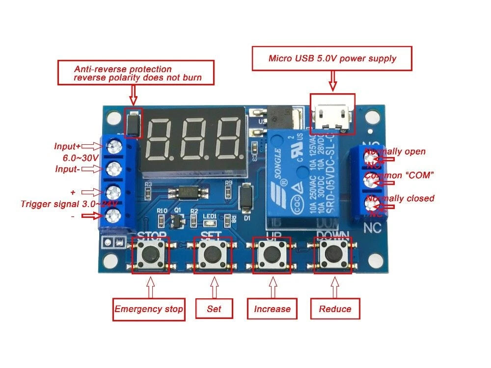 6–30V programmable time delay relay module with LED display