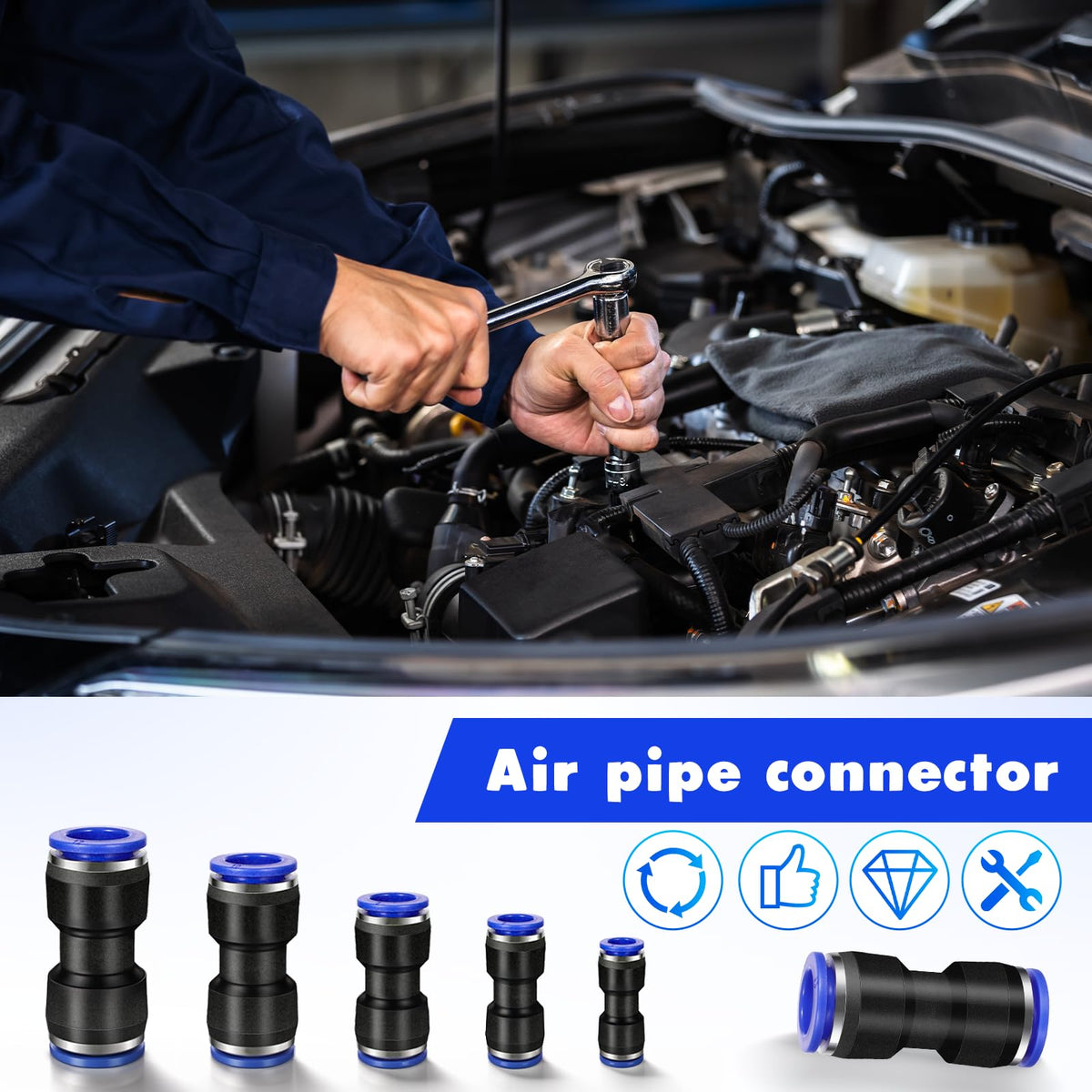 Straight union pneumatic fittings installation and applications