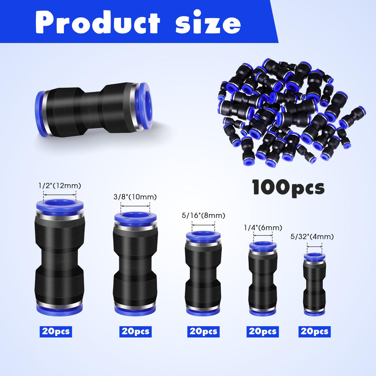 Pneumatic connector dimensions for 4mm to 12mm tubing