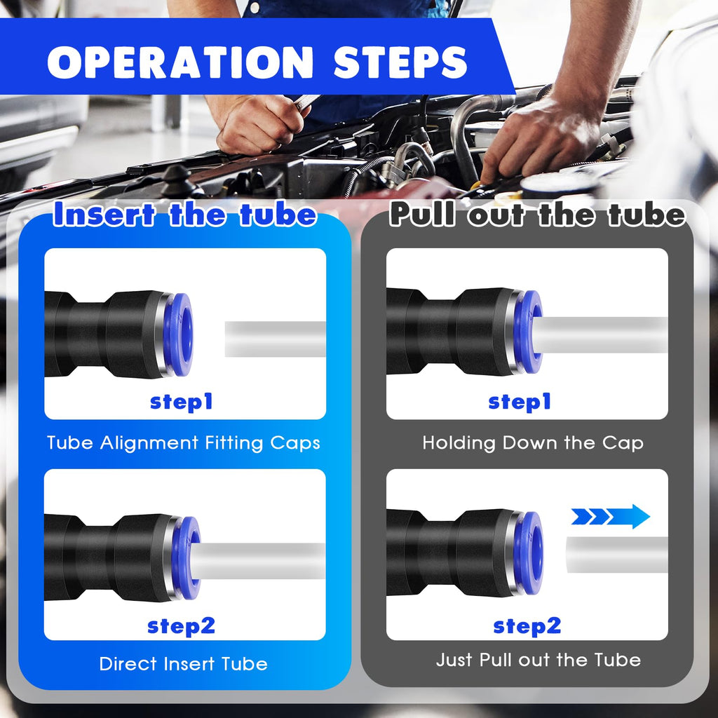 Push-to-connect straight tube fittings for workshop air lines