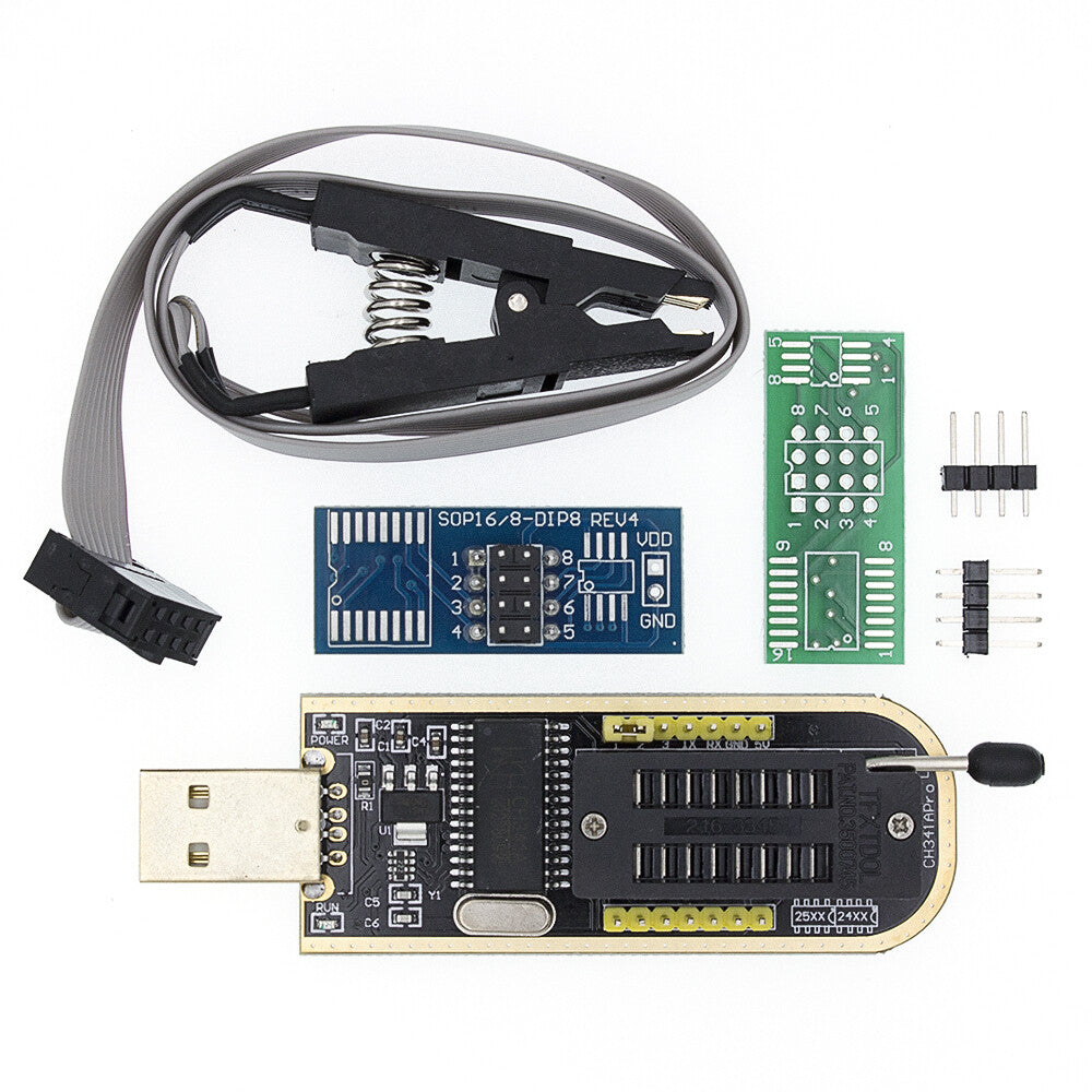 CH341A USB programmer kit with SOP clip, ribbon cable and adapter boards