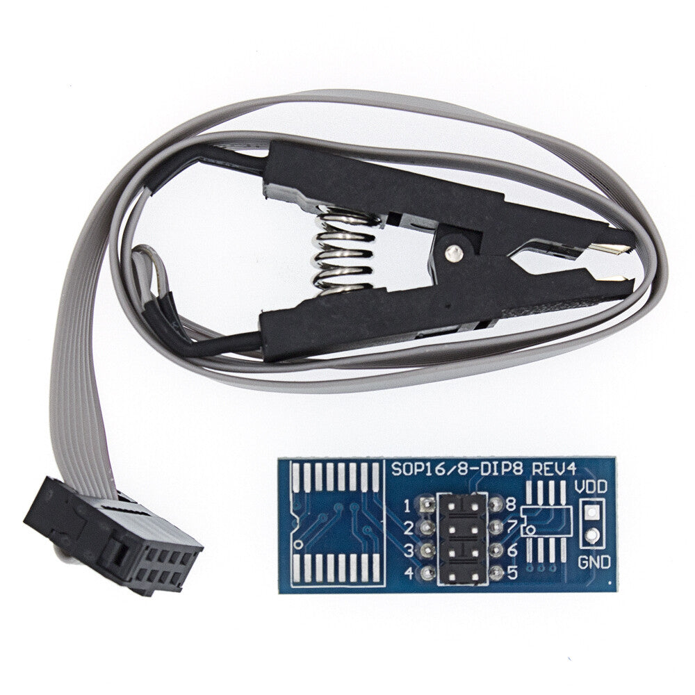 SOP clip, ribbon cable and blue DIP8 adapter board