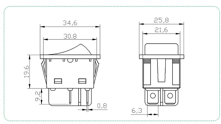 Rectangular DPST 4-pin rocker switch - view 4
