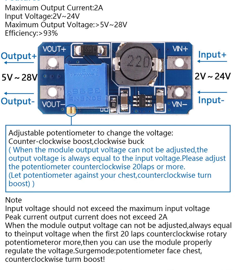 MT3608 boost converter module dimensions and details