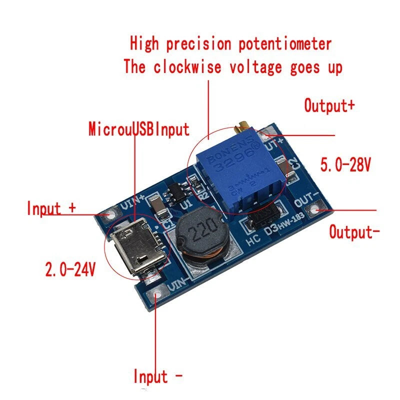 MT3608 DC-DC boost converter connection details