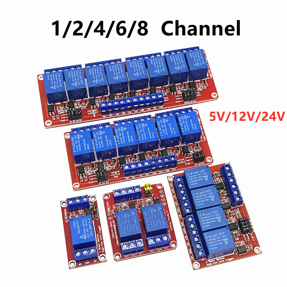 Relay module range showing 1, 2, 4, 6 and 8 channel options; one selected board supplied
