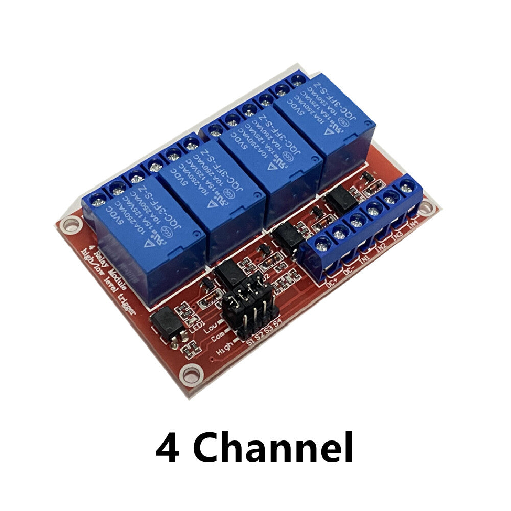 4 Channel relay module layout; select required 5V, 12V or 24V supply variant