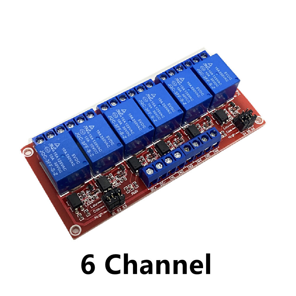 6 Channel relay module layout; select required 5V, 12V or 24V supply variant