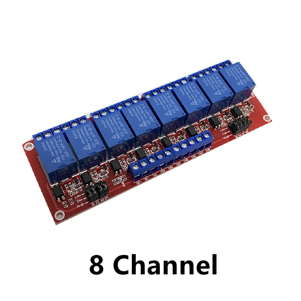 8 Channel relay module layout; select required 5V, 12V or 24V supply variant